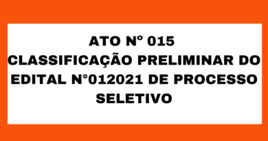 ATO Nº 015 CLASSIFICAÇÃO PRELIMINAR DO EDITAL N°012021 DE PROCESSO SELETIVO